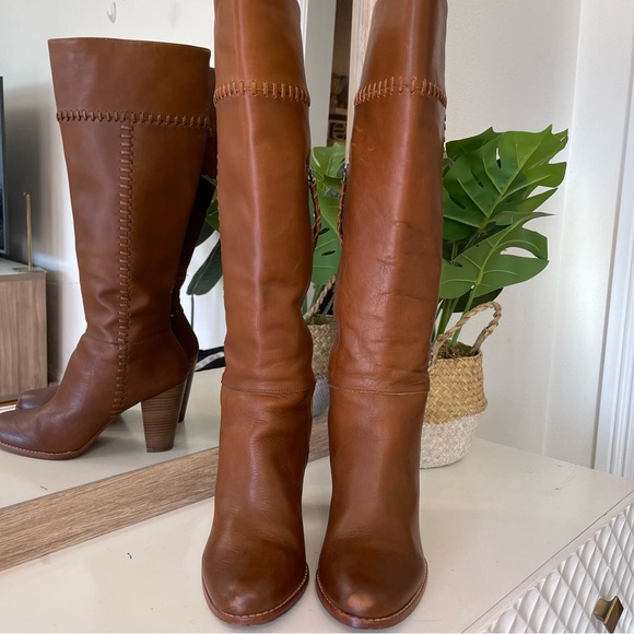 Joie Tall Leather Cognac Exposed Stitch Block Heel Boots - Picture 2 of 12